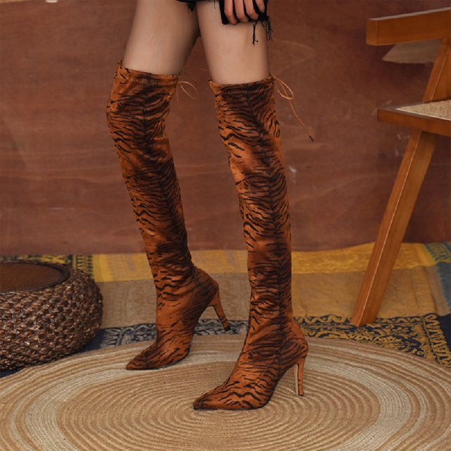 HKEJIAOI Cuissardes Chaussures pour Femmes à Lacets Talons Hauts Pointus Léopard Mode Bottes Hautes Résilientes
