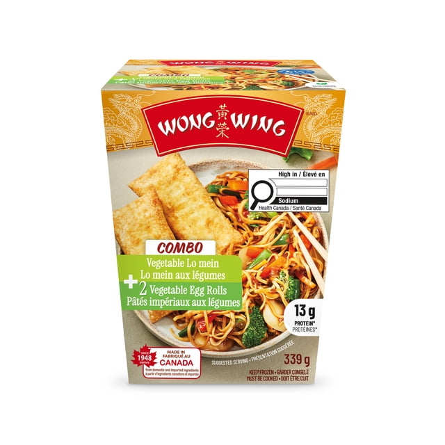 Combo Lo Mein Noodles & Veg egg rolls by Wong Wing featuring front-facing packaging with vegetable lo mein noodles containing broccoli, carrots, and red peppers alongside two vegetable egg rolls on a plate, highlighting 13g protein, 339g weight, made in Canada, and labeled high in sodium by Health Canada.