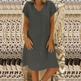 thumbnail image 2 of Tumotour Robe d'Été pour Femmes à Col en V, Longueur Genou, Robe Décontractée, Couleur Unie, Manches Courtes, Coupe Ample, Robe de Vacances, Robe en Lin pour la Plage, Sorties, Fête, Rendez-Vous, 2 of 5