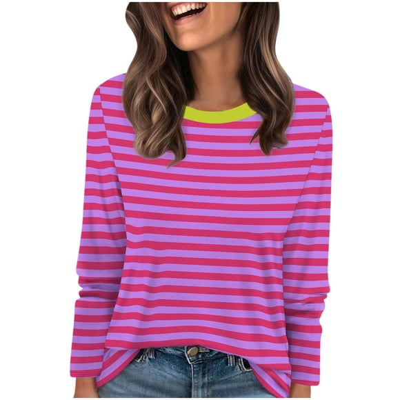 WRKEKC Long Sleeve Shirts for Women Striped Printed Crew Neck Pullover Top Womens Versatile Crew Neck Shirt for Everyday Casual Wear