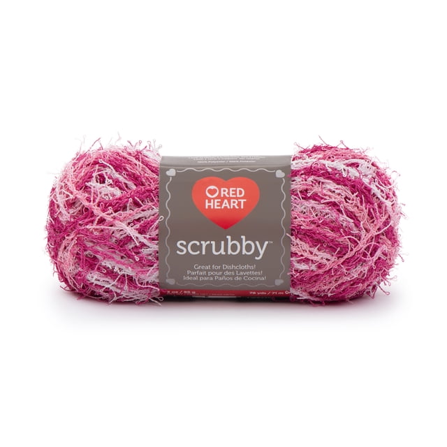 Red Heart® Scrubby™ Yarn, medium #4 polyester yarn in a 3.5oz (100g) skein with textured pink and white fibers, ideal for knitting or crocheting quick-drying dishcloths and exfoliating washcloths, featuring the Red Heart logo on a gray label.