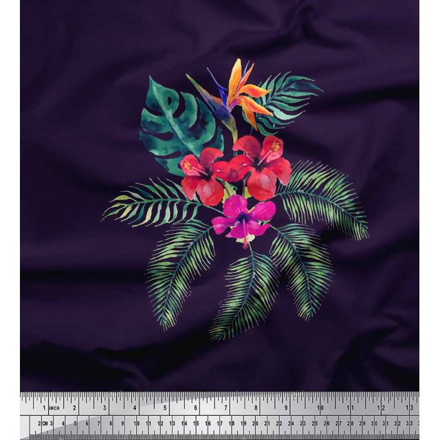 Soimoi polyester Crepe Fabric Floral & Leaves Tropical Printed Fabric 1 Yard 52 Inch Wide