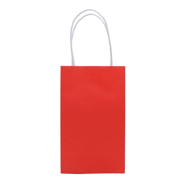 10pk red paper bag with white rope handles, measuring 5.1 inches wide, 3.15 inches deep, and 12.4 inches tall, front-facing on a white background, made from sturdy material for party favors or gifts, often used for holding treats at celebrations.