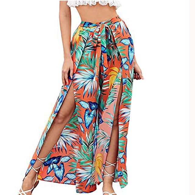 Birdeem Womens Casual Lace Up Elastic Waist Printed Split Wide Leg Pants