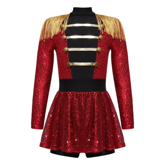 Loodgao Combinaison de Cirque Scintillante pour Filles, Manches Longues, à Sequins et à Franges, Rouge 6