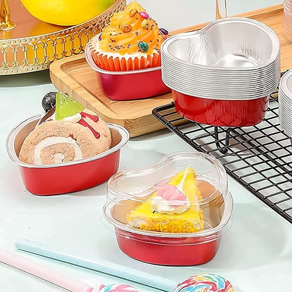 Set de 50 moldes para cupcakes reutilizables con tapa - Moldes en forma de corazón de aluminio 100 ml - Perfectos para hornear en Sano Valentín, bodas, fiestas y Navidad - Color rojo