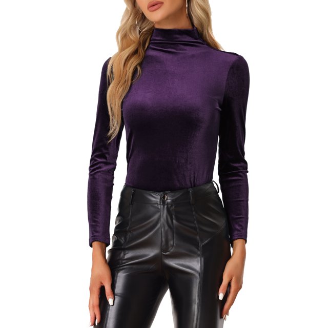 INSPIRE CHIC Chemise à Manches Longues pour Femme Col Montant en Velours Extensible Col Roulé Blouse Basique Hauts Violet TP