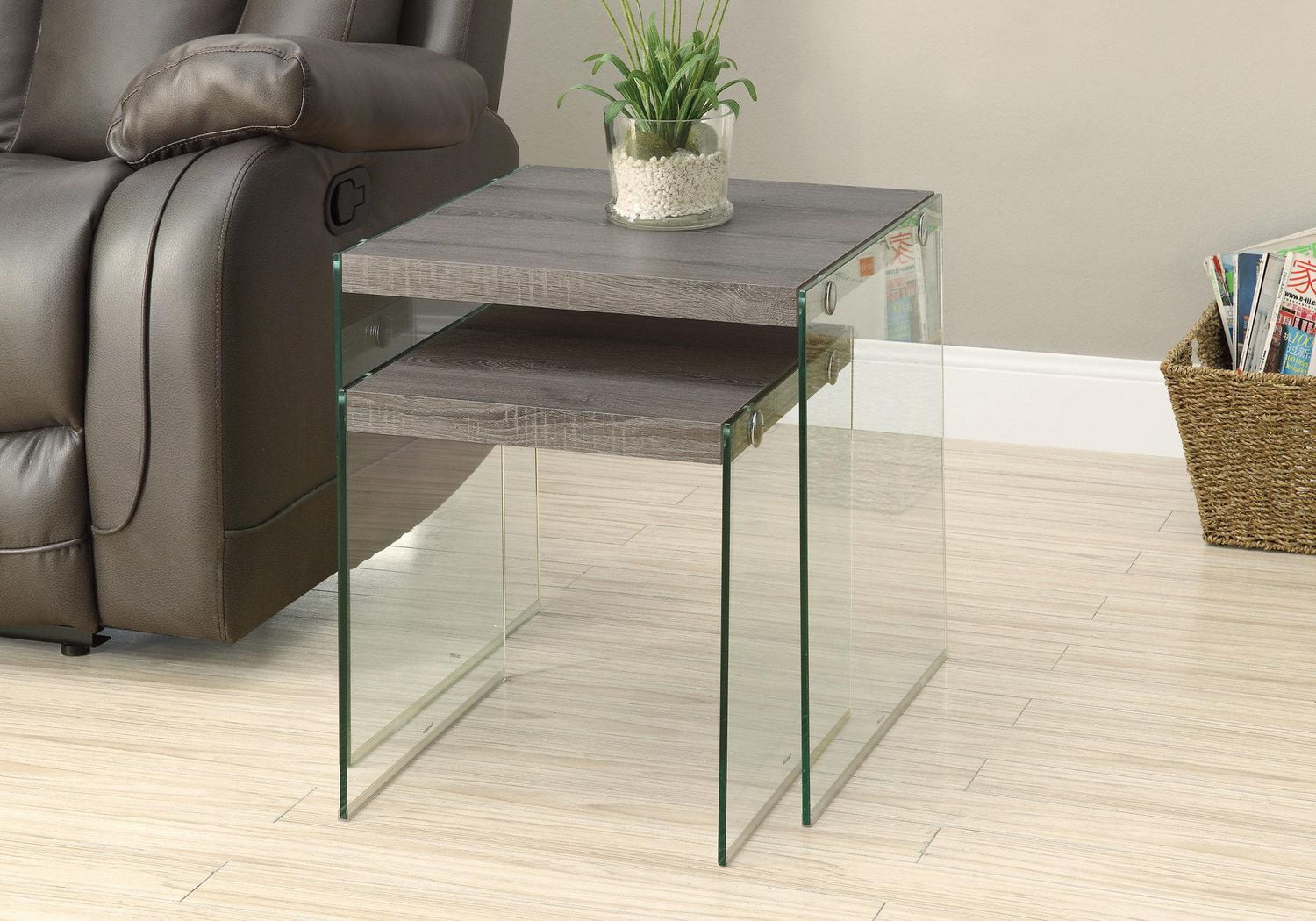 Monarch Specialties Nesting Table, Set Of 2, Side, End, Accent, Living Room, Bedroom, Tempered Glass, Laminate, Brown, Clear, Contemporary, Modern