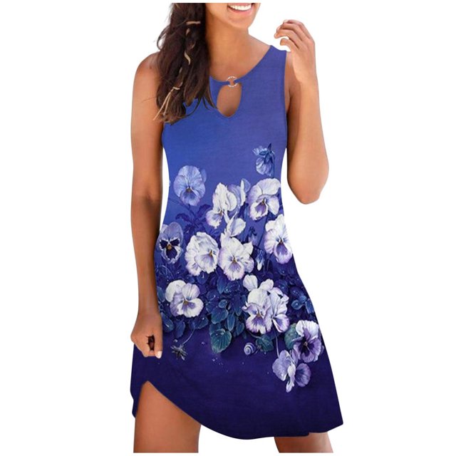 RKSTN Robe d'Été pour Femmes, Robe Débardeur d'Été Décontractée Ample à Imprimé Floral pour Femmes, Robe de Plage Ajourée Sans Manches, Robes de Plage, Robes Grande Taille pour Femmes