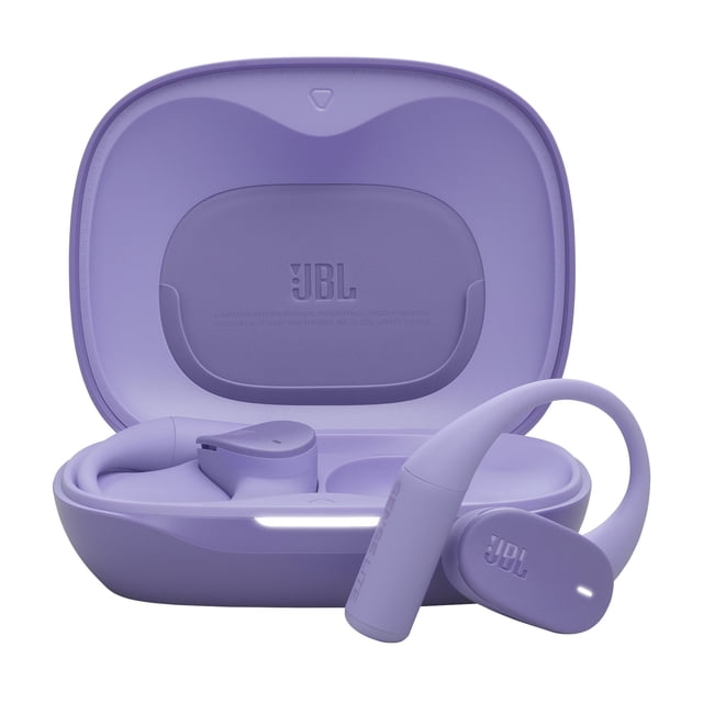 JBL Sense Lite Purple True Wireless Open-ear Headphones with open purple charging case, one earbud inside and one outside showing flexible silicone ear hooks and LED indicator, designed for all-day comfort and water-resistant for active use.