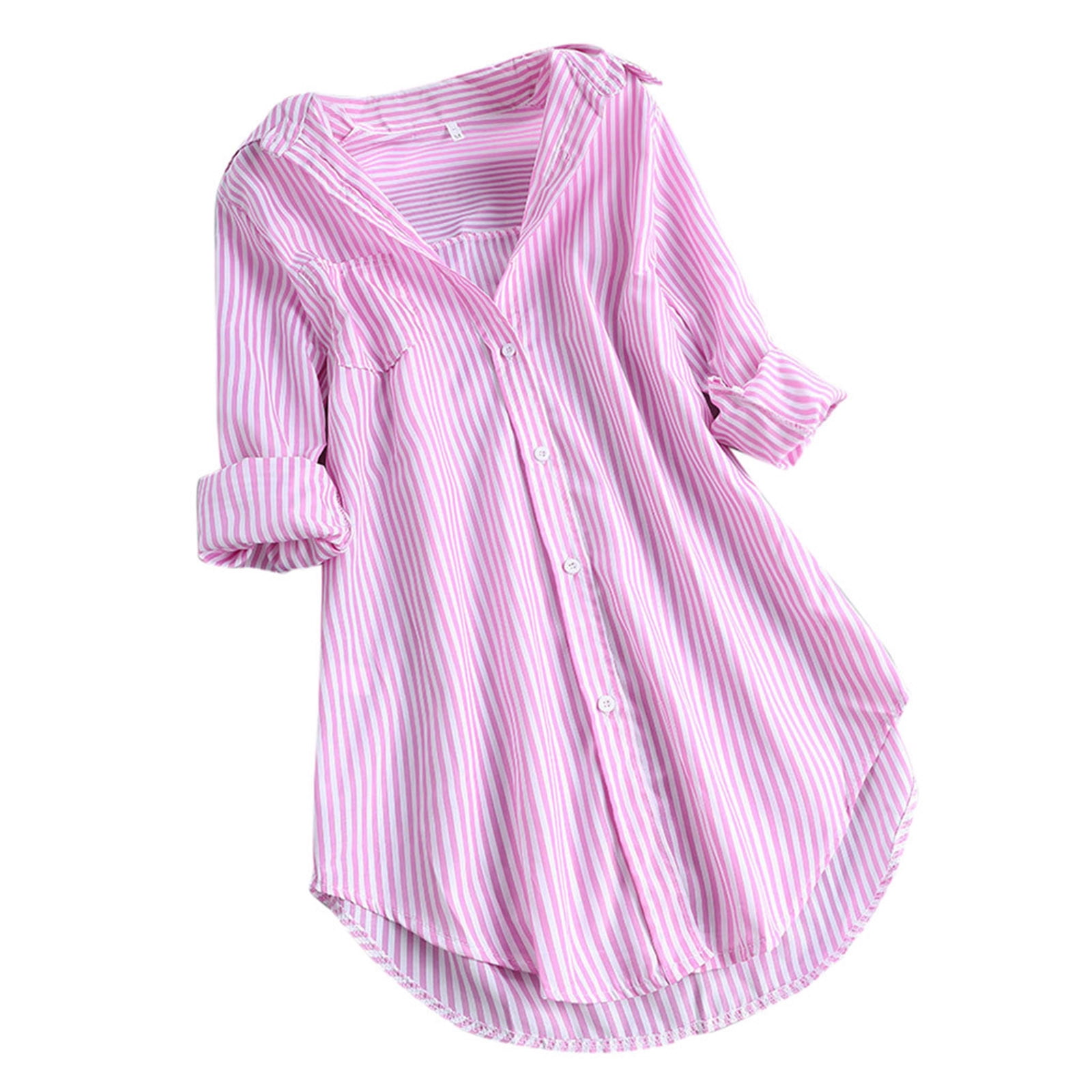 Timegard Womens Shirts Striped Long Sleeve Lapel v Neck Button up Tops Fall Casual Work Loose Blouse