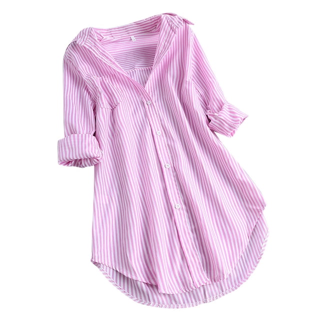 Timegard Womens Shirts Striped Long Sleeve Lapel v Neck Button up Tops Fall Casual Work Loose Blouse