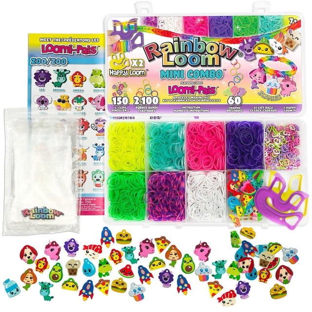 Rainbow Loom Loomi-Pal Mini Combo Set with a clear carrying case featuring 10 compartments filled with 2,100 latex-free rubber bands in multiple colors, 150 G-Clips, 60 assorted Loomi-Pal character charms, 12 gift bags, and 2 purple Happy Loom tools for making bracelets, suitable for kids 7 and up to enhance fine motor skills and creativity.