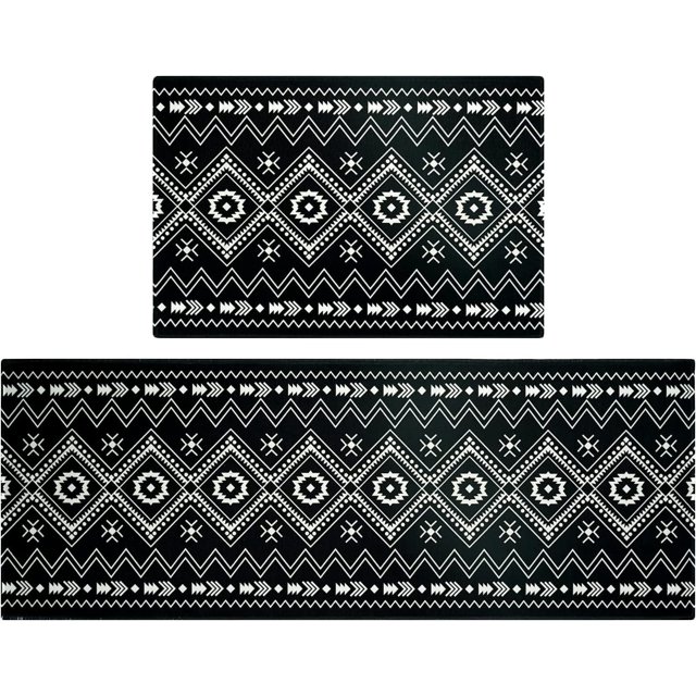 Black Boho Kitchen Rugs Geometric Door Mats 2 Pieces of Set,Black and White Boho Rug,Non Slip Kitchen Mat Runner Rug Doormat for Boho Kitchen,Laundry,Bathroom,Christmas Decor,17x30+17x48inch