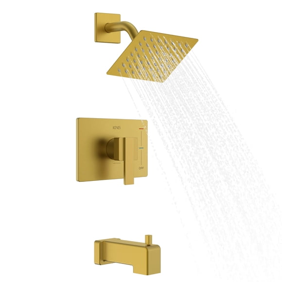 KENES Brushed Gold Shower Trim Kit Modern Shower Faucet with Single-Spray Square Stainless Rain Shower Head Tub and Shower Trim Kit Gold KE-6025A-4 (Shower Valve Included)
