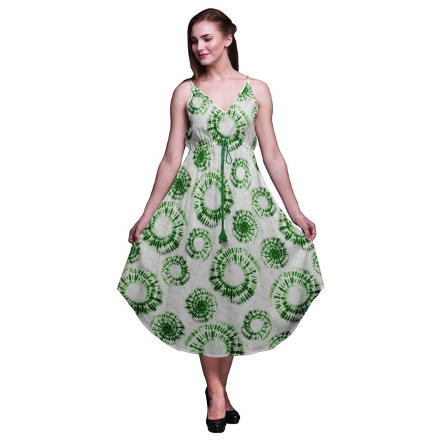 Bimba Robe Midi Imprimée Teinture sur Nœuds pour Femmes Été Col en V Tenue de Vacances-Moyenne
