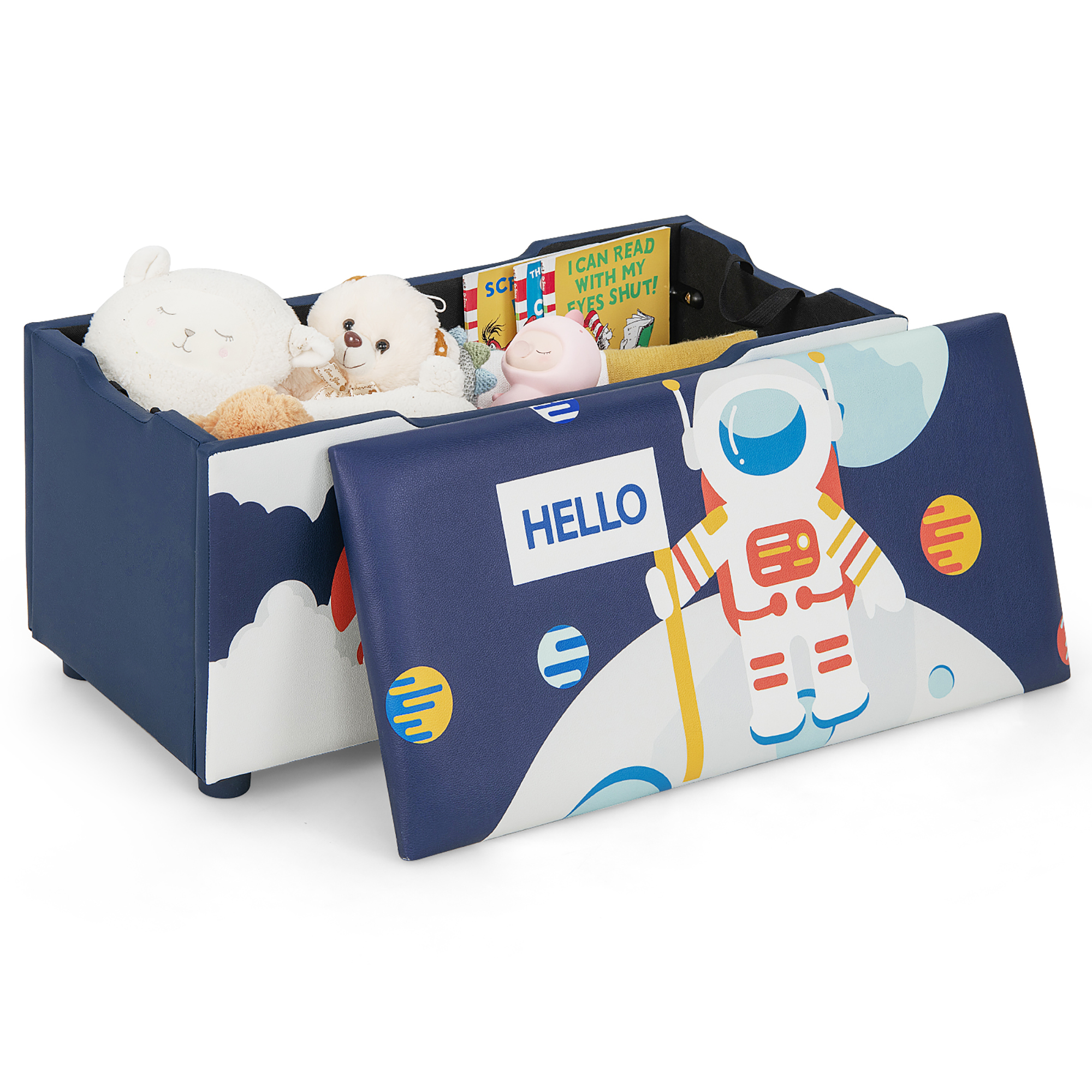 Costway Banc Ottoman de Rangement Rembourré pour Enfants Coffre à Jouets Polyvalent Repose-Pieds Tabouret avec Couvercle