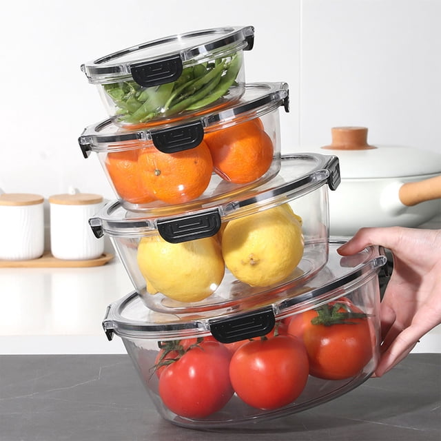 Rentrée des Classes! mtvxesu Contenants de Rangement en Verre avec Couvercles, un Ensemble de Quatre Boîtes Circulaires pour Animaux de Compagnie de Conservation de la Fraîcheur en Tailles Variées, Conçues pour le Rangement au Réfrigérateur et l'Organisation des Aliments. l'Image Montre des Contenants Empilables et Transparents Remplis de Produits Frais, Y Compris des Tomates, des Citrons, des oranges et des Haricots Verts. Chaque Contenant Présente un Couvercle Verrouillable Noir Sécuritaire pour un Scellage Hermétique. Idéal pour la Cuisine, Ces Contenants Conviennent pour Ranger des fruits, des Légumes et d'Autres Aliments, et
