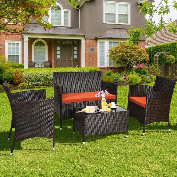 Costway 4PCS Rattan Patio Furniture Set Cushioned Sofa Chair Coffee Table Orange