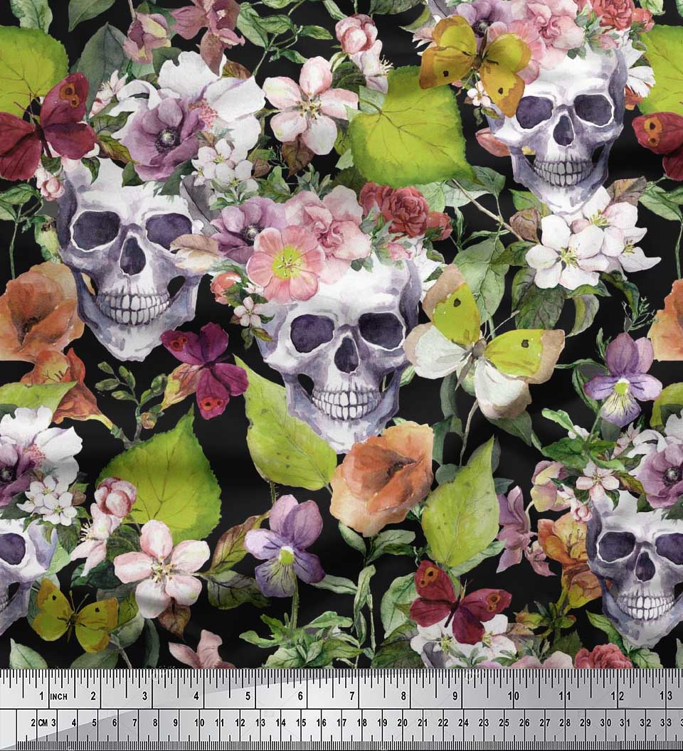Soimoi Green Velvet Fabric Skull & Anemone Flower Decor Fabric Printed BTY 58 Inch Wide