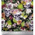 thumbnail image 1 of Soimoi Green Silk Fabric Skull & Anemone Flower Decor Fabric Printed BTY 42 Inch Wide, 1 of 3
