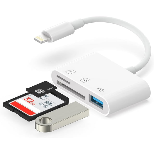 SD Card Reader for iPhone with a sleek white design, dual slots for SD and Micro SD cards, a USB port, and a lightning connector. Compatible with iPhone 14/13/12/11/X/8/7 and iPad models, it supports high-speed data transmission, plug-and-play functionality, and is ideal for photographers and videographers. Includes visible SD and Micro SD cards alongside a USB flash drive, emphasizing its use as a camera adapter and memory card reader.
