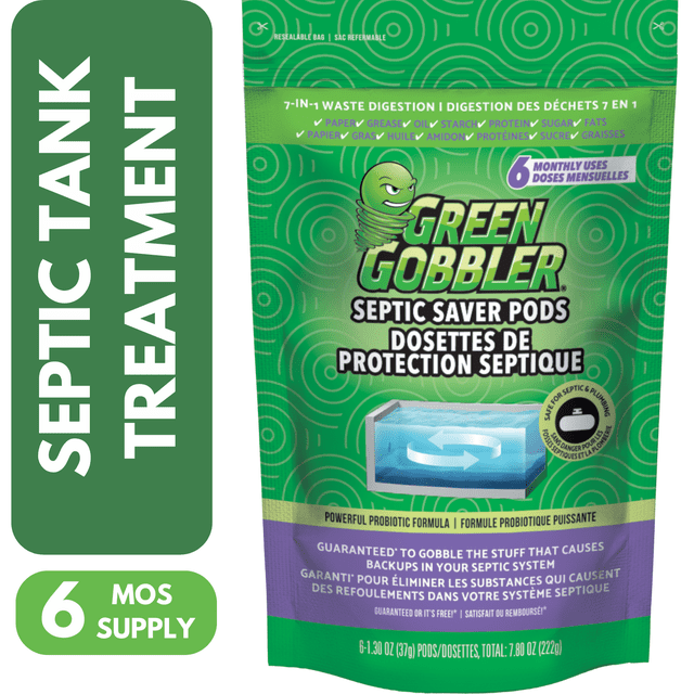 Green Gobbler Septic Saver Tank Treatment Pods 6 Count Pack in a green resealable bag with circular swirl patterns, featuring a powerful probiotic formula that digests paper, grease, oil, starch, protein, sugar, and fats to prevent septic system backups and neutralize effects of bleach and detergents, providing a six-month supply for monthly use.