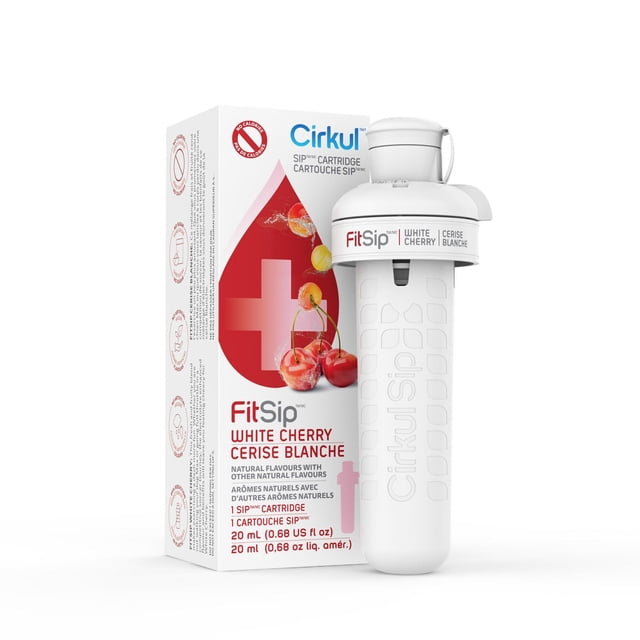 Cirkul FitSip White Cherry Flavour Cartridge, 1-pack, showing a white cylindrical cartridge with textured grip and cap next to its box with red cherry graphics and bilingual text, designed to add electrolyte-enhanced, zero-calorie natural white cherry flavour to water, suitable for hydration during exercise or daily activities.