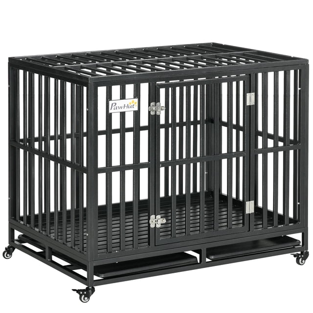 PawHut cage pour Chien en Acier Robuste de 41 Pouces en Noir, Conçue avec des tubes de Calibre en Acier Massif et un Cadre Soudé pour la Force et la Durabilité. Comprend une Porte avant avec Deux Loquets à Boulons Coulissants, Deux Plateaux Inférieurs Amovibles pour le Nettoyage et Quatre Roues Pivotantes pour un Mouvement Facile. Idéale pour Chiens Moyens et Grands jusqu'à 66 Lb, Offrant un Espace Sécuritaire et Confortable.
