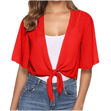 Timegard Shrugs for Dresses Summer Lightweight Chiffon 1/2 Sleeve Front Tie Crop Top Beach Flowy Cardigan