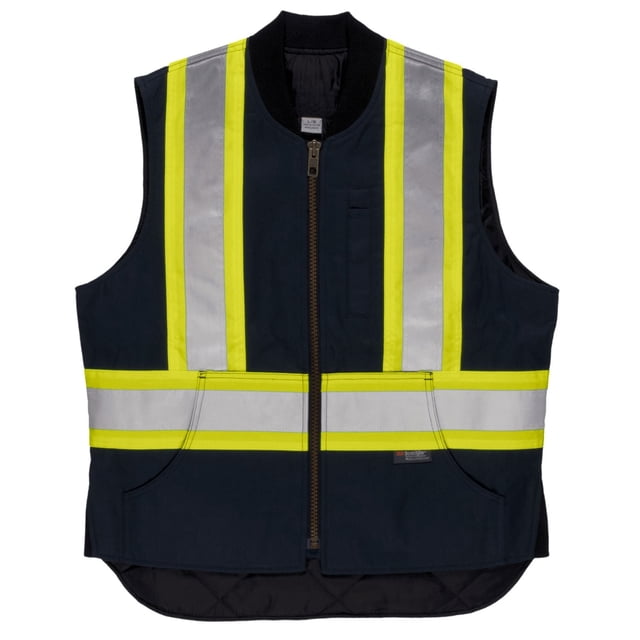 Duck Veste de Sécurité en Bleu Marine Foncé Fabriquée à Partir de 100 % Coton de Qualité Supérieure 10 oz Duck avec Doublure Matelassée en polyester, Dotée de Bandes Réfléchissantes Scotchlite 3 m avec envers Contrastant Jaune de 4 Po, Fermeture Éclair avant Robuste, Col en Tricot Côtelé et Gousset de Hanche, inserts Latéraux en Tricot pour la Liberté de Mouvement, Poches Intérieures et Poitrine avec Poche pour Crayon, Ourlet Rabattable à l'Arrière, Idéale pour la Sécurité et le Confort en Tenue de Travail.