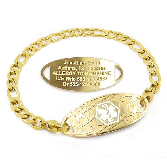 MedicEngraved Yellow Gold Stainless Steel Custom Medical Alert Bracelet - 5mm Figaro Link