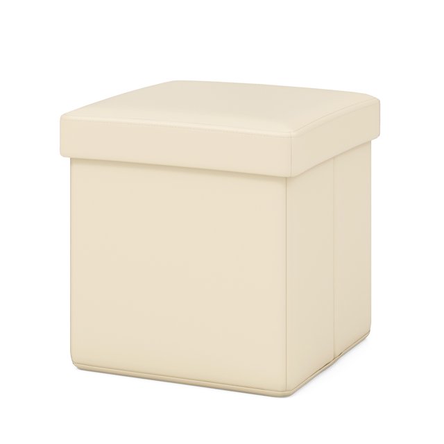 Gymax Folding Storage Ottoman Upholstered Square Footstool PVC Leather 10.5 Gallon White
