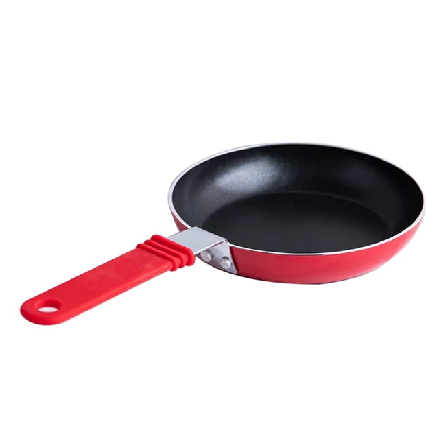 Starfrit Mini Aluminum Egg Pan with a 5.5-inch diameter, featuring a red exterior and a non-stick PFOA-free black cooking surface. The pan includes a red silicone handle for safe handling and is compatible with vitroceramic, electric, gas, and halogen heat sources. Made of durable aluminum and dishwasher safe.