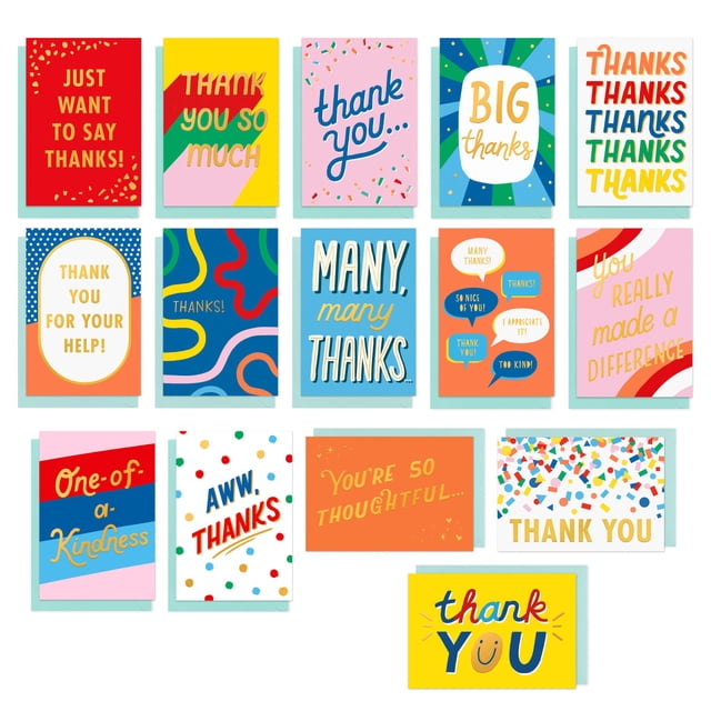 American Greetings 15-Count Thank You Card Assortment with Envelopes and Seals (Big Thanks) displaying 15 assorted thank you cards with colorful designs and messages like 'Thank you so much', 'Big thanks', and 'You really made a difference', each card measuring 4.625 by 6.75 inches, arranged in three rows on a white background, suitable for expressing gratitude for various occasions.