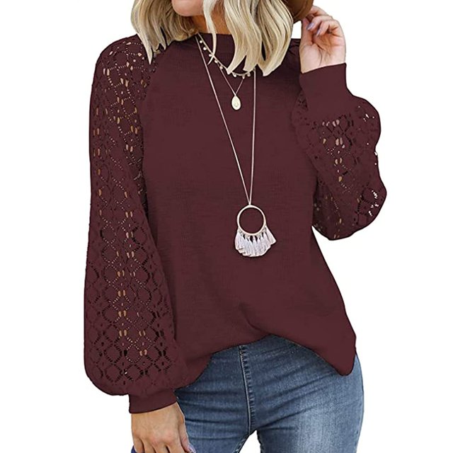 Coloody Hauts en Dentelle à Manches Longues pour Femmes Blouses Décontractées de Bureau Col Rond T-Shirts Unis