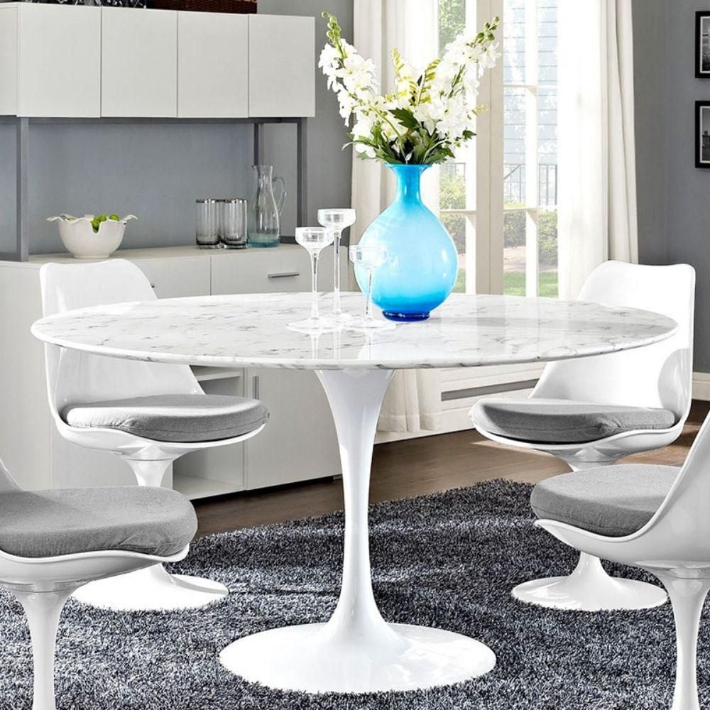 Table de salle à manger ronde en faux marbre blanc Leo avec base tulipe 36"