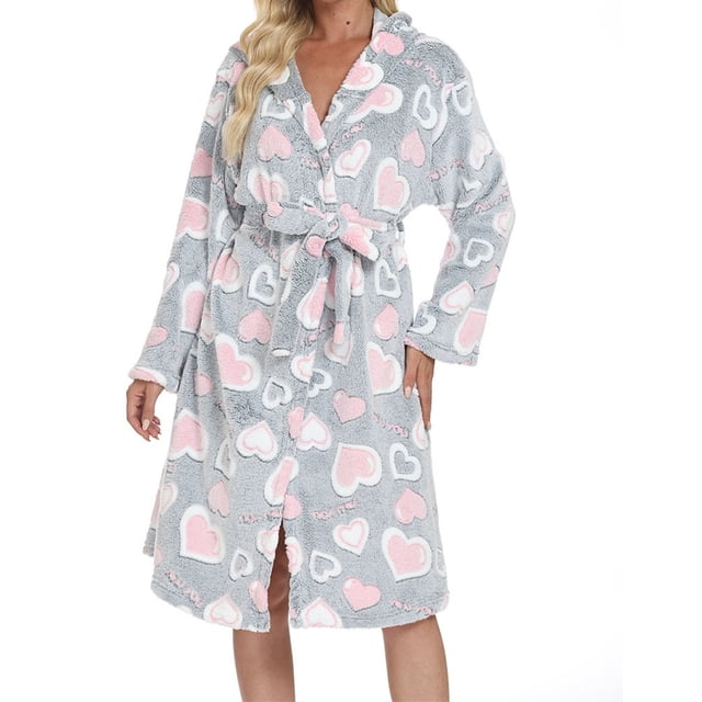 WRKEKC Womens Robe Printed Cozy Bathrobe Womens Winter Thickened Long Sleeve Robe Womens Loungewear for Cold Days