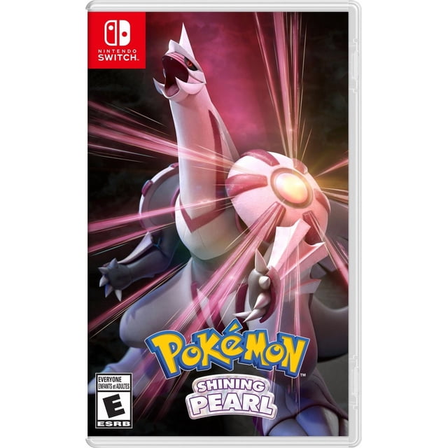 Pokémon Shining Pearl Nintendo Switch game cover featuring the Legendary Pokémon Palkia with glowing pink energy beams radiating from its body, the Nintendo Switch logo in the top left, and the ESRB Everyone rating in the bottom left on a dark background.