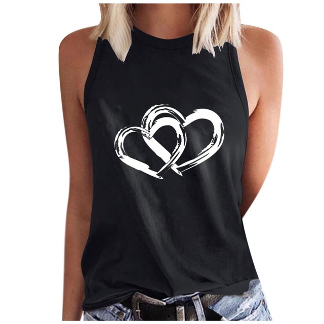 Timegard Camisoles pour Femmes Col Rond Imprimé Cœur Sans Manches Confortables Décontractées Amples Chemises Hauts Blouse