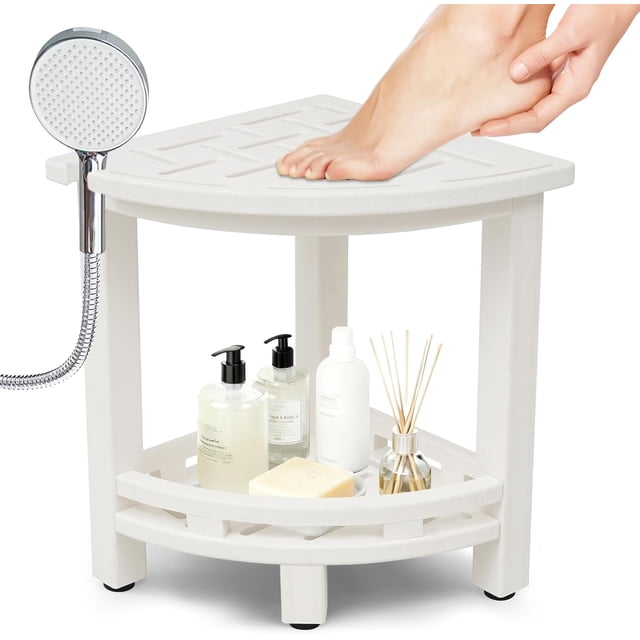 Tabouret de Douche d'Angle Banc de Douche pour l'Intérieur Petite Chaise de Douche Siège pour Raser les Jambes avec Tablette de Rangement Support de Pomme de Douche Pieds Ajustables
