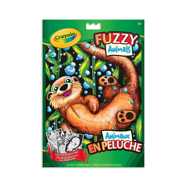Crayola Fuzzy Animals Colouring Pad with a green cover featuring a fuzzy otter underwater surrounded by bubbles and plants, includes 10 fuzzy textured colouring pages suitable for kids drawing and creative arts and crafts fun.
