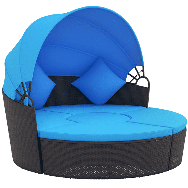 Outsunny Chaise Longue de Patio avec Canapé-Lit Rond Coussiné - Ensemble de 4, Bleu. un Ensemble de Chaises Longues d'Extérieur avec une Auvent Rétractable, Pieds Ajustables et Coussins Bleus Épais pour le Confort. Fabriqué avec un Rotin Noir durable et un Tissu polyester Résistant à l'Eau. Configurable comme Lit de Jour Ou Sièges Séparés, Idéal pour les Installations de Meubles de Patio. Comprend des Oreillers et des Housses de Coussin Lavables.