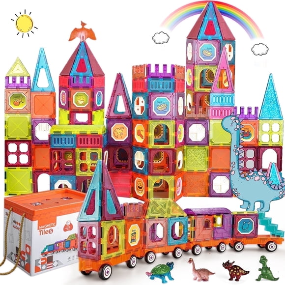 BUBUQE Blocs de Construction à Tuiles Magnétiques avec 4 Voitures Ensemble de Train Magnétique pour Enfants Jouet STIM de Construction pour Filles Garçons Tout-Petits