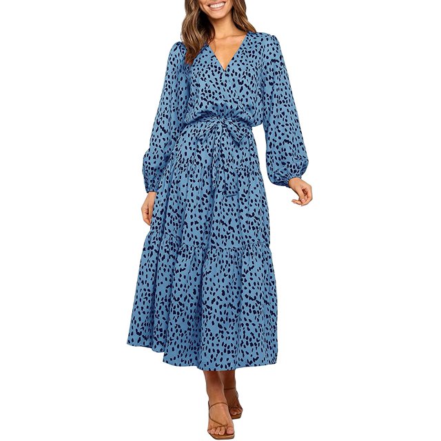 Robe Maxi de Soirée Décontractée pour Femme, Bohème, à Imprimé Léopard, à Volants, à Manches Longues, à Col en V, Fluide