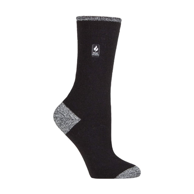 Heat Holders - Ladies Ultra Lite Thermal Brushed Inner Yarn Design Socks in black with contrasting grey heel, toe, and cuff. These women's thermal socks feature a 1.0 TOG rating for warmth and comfort, advanced Japanese-designed thermal yarn for insulation, and a patented long-looped cushion pile for retaining heat. Designed for casual shoes, they provide all-day comfort and are available in women's sizes 4-8 UK, 37-42 EU, 5-9 US.