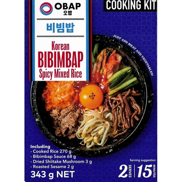 OBAP Korean Bibimbap Spicy Mixed Rice Cooking Kit showing a black bowl with cooked rice, spicy bibimbap sauce, raw egg yolk, kimchi, cucumber strips, dried shiitake mushrooms, seasoned beef, and bean sprouts, serving 2 in 15 minutes, suitable for quick authentic Korean rice side dishes.
