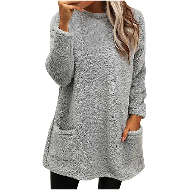 Birdeem Womens Round- Neck and Winter Loose Solid Pocket Warm Long Sleeve Blouse Tops