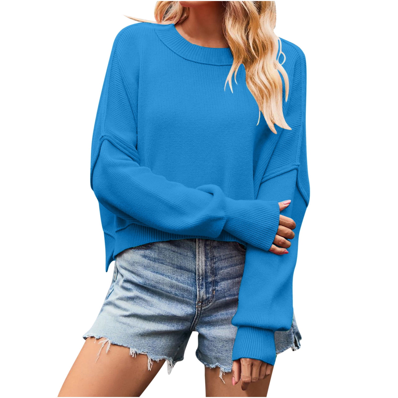 Timegard Women's Sweaters Cropped 2024 Fall Winter Sweater Long Sleeve Pullover Side Slit Knit Tops