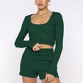 thumbnail image 2 of Hauts à Manches Courtes pour Femmes Mode Décontractée Unie Manches Longues Col Rond Ensembles de Pantalons Courts Légers d'Été pour Femmes, 2 of 8